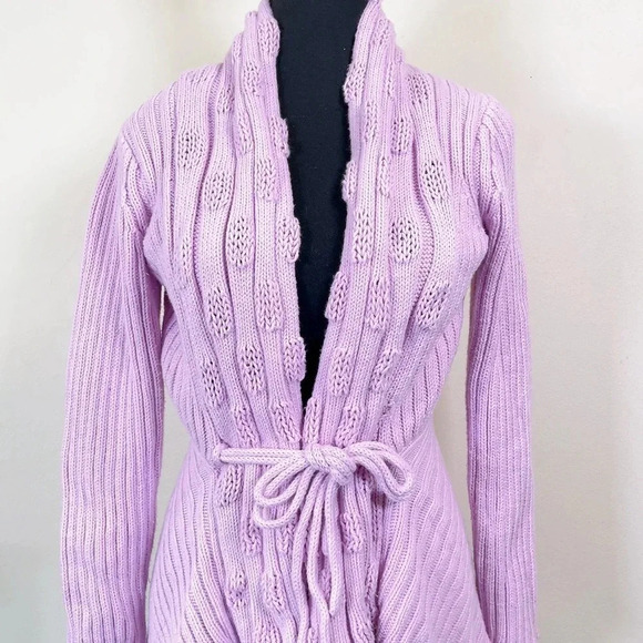 Pure Handknit Cotton  Long Sleeve Tie Waist Sweater Cardigan - Picture 3 of 7